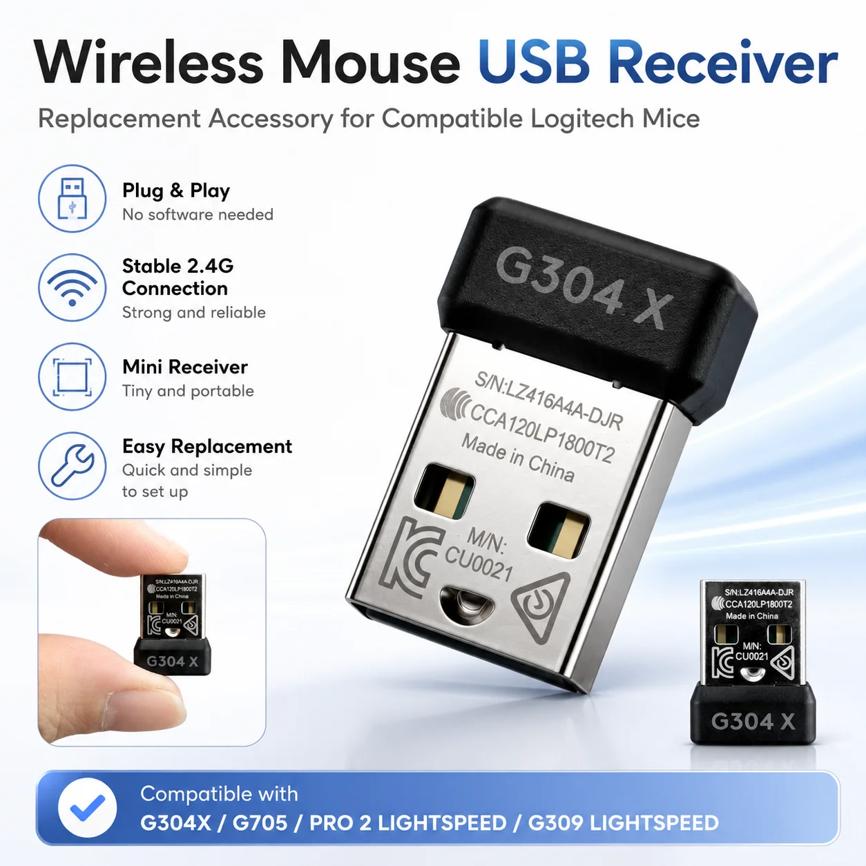 USB Wireless Mouse Receiver for Logitech G304X G705 G309 G502 X Plus G303 PRO 2 LIGHTSPEED PRO X Superlight 2 Replacement Dongle
