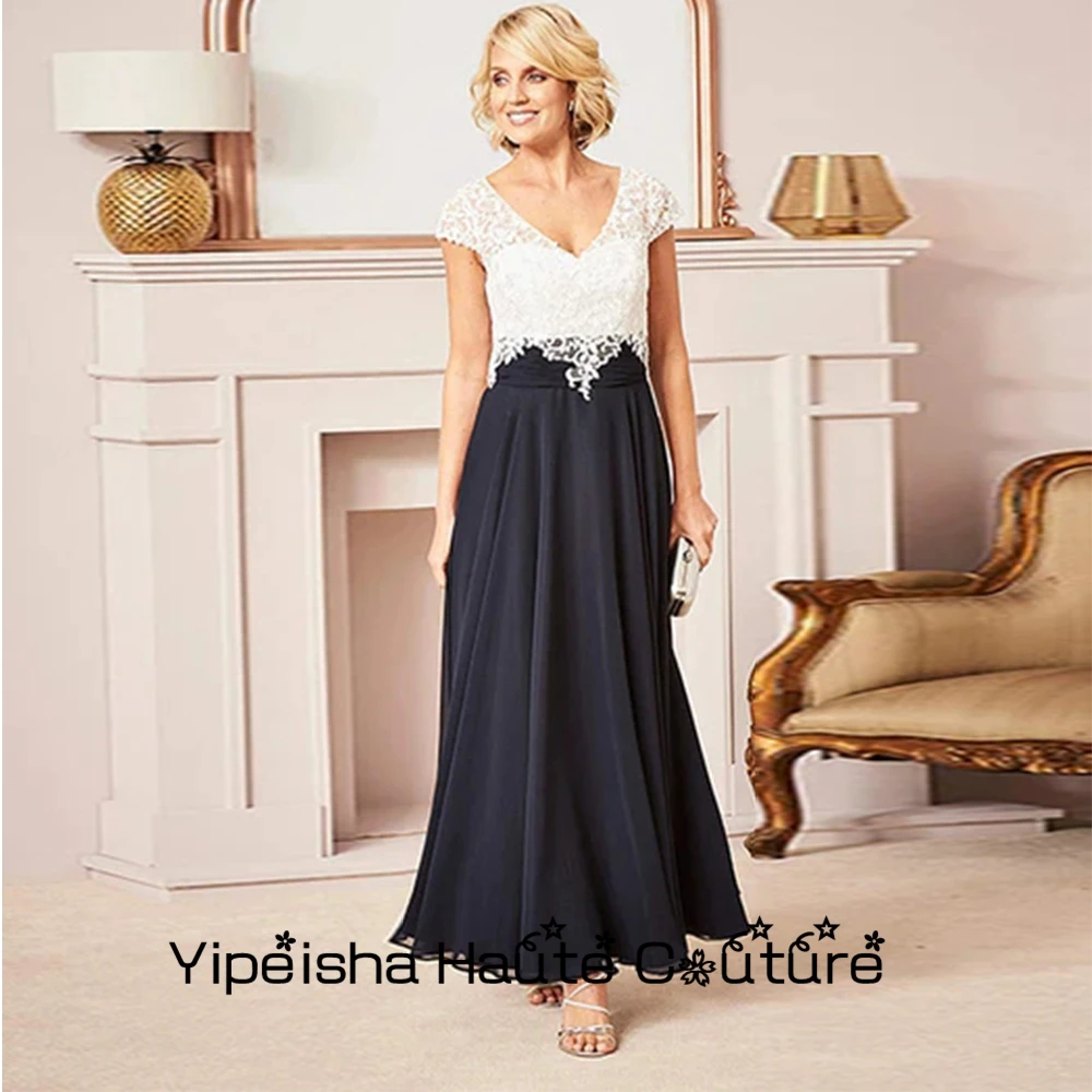 

Yipeisha Cap Sleeve Wedding Party Gowns V Neckline Chiffon Dark Navy Mother Of Bride Dresses Lace Women Ankle Length