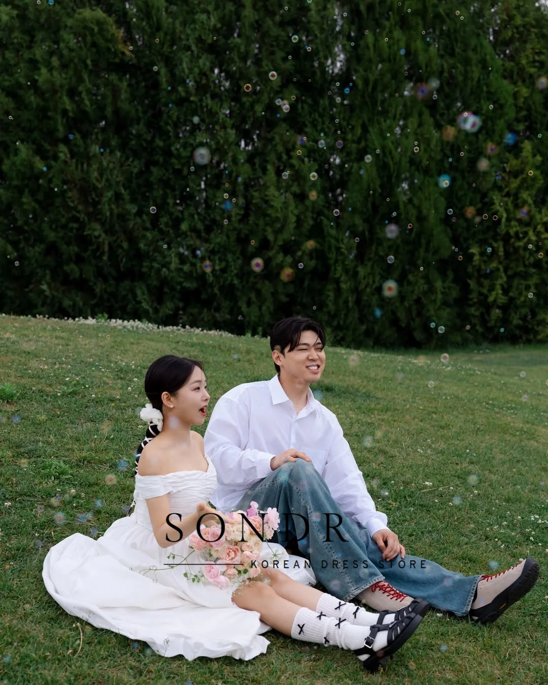 Sondr Off the Shoulder Hi-Lo Korean Wedding Dresses Hi-Lo Floor-Length Bridal Gown Customized Corset Back Photo Shoot Gown