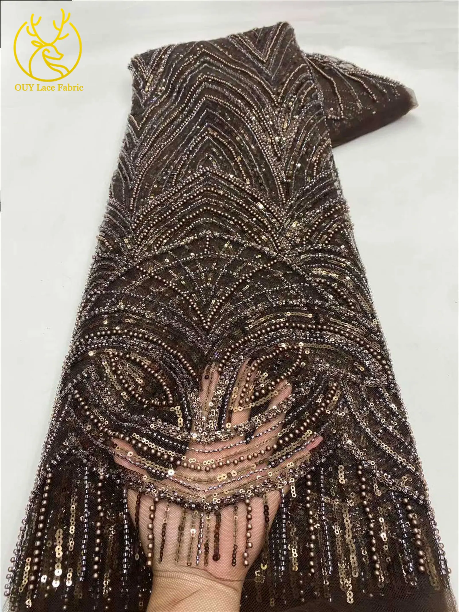 Schwarzer afrikanischer Perlen-Spitzenstoff 2026 Hochwertiger französischer Pailletten-Tüll-Spitzenstoff Nigerianischer Tüll für Hochzeit, Party, Kleid, Nähen, 5 Jahre – Detail 19