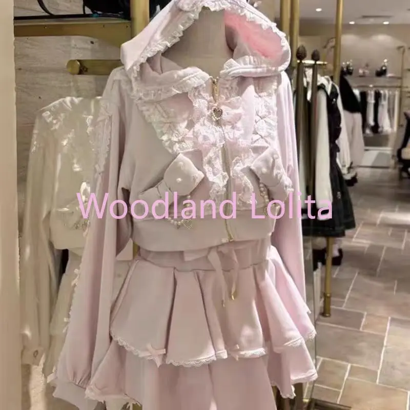Spring Autumn Lolita 2 Piece Set Heavy Craftsmanship Sweet Cute Pearl Lace Edge Hoodies Women Pink Zipper Hoodie and Skirt Sets image 3