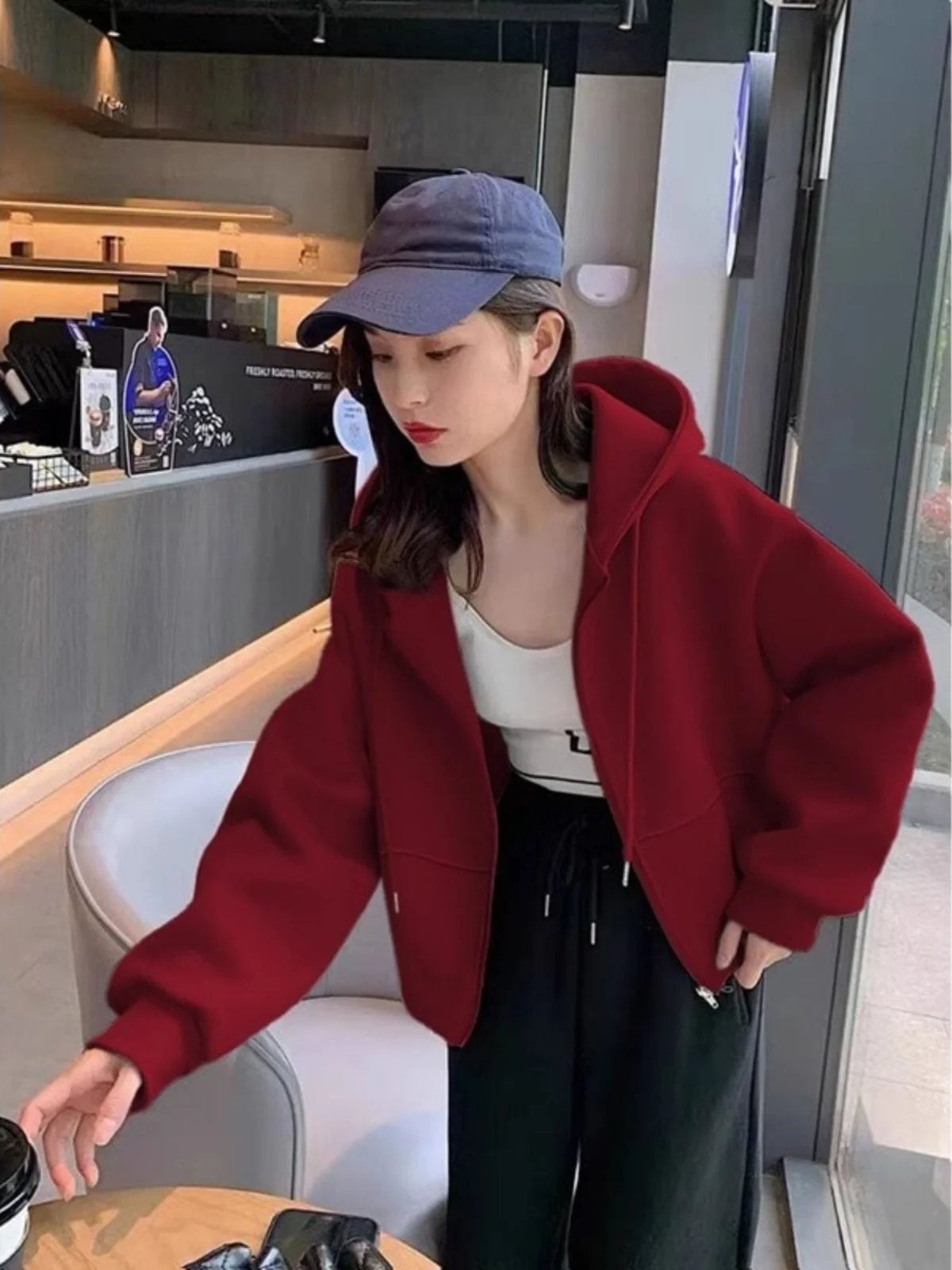

Grey Autumn Winter Hoodie Women's Zipper Cardigan Fleece Short Coat Small Size Korean Style Long Sleeve Printed Sweatshirt