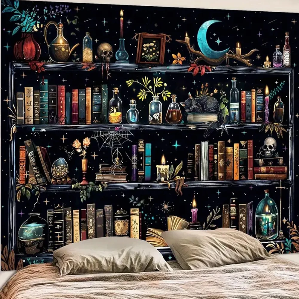 Accnicc Magic Bookshelf Tapestry Hippie Magical Witchy Potion  Wall Hanging Gothic Skull Black Cat Library Book Art Tapestry