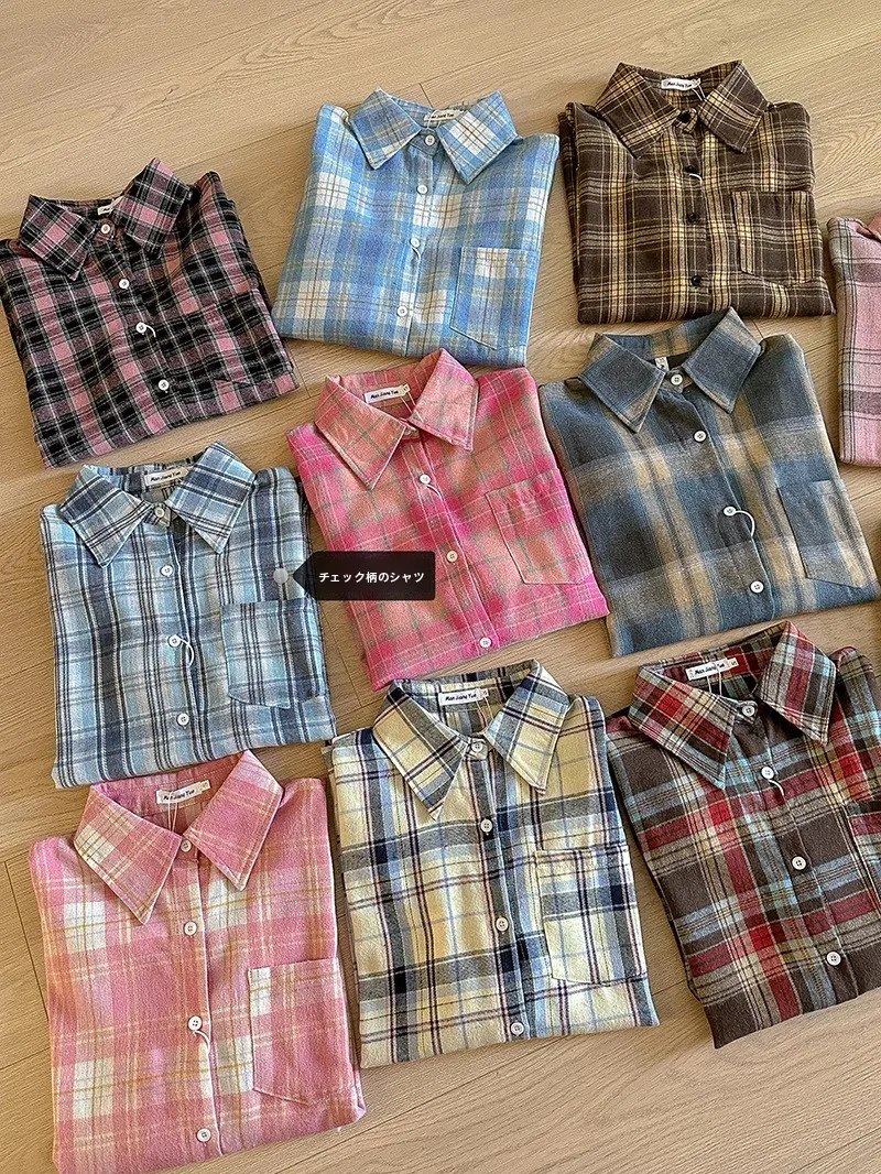 

Faionable Plaid Loose Long Sve irt Korean Sle Women's Casual Top Versatile Summer Collection Ele Feel