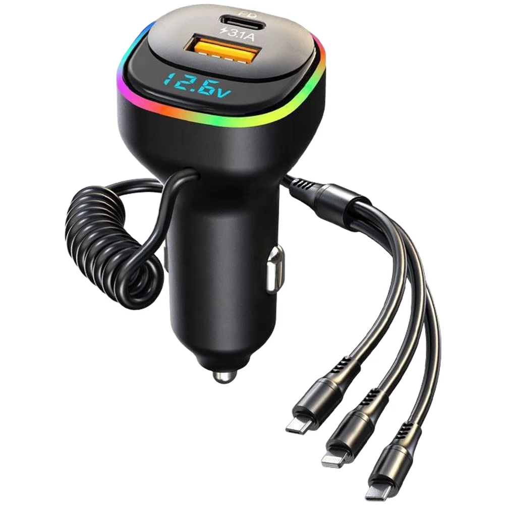 

65W PD-Optimized Car Charger with LED Display and Integrated 3-in-1 Retractable Cable for QC3.0 and USB-C Devices