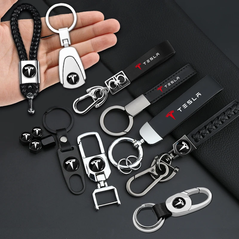 3D Metal/Leather/Nylon Car Badge Keychain Braided Key Lanyard Key Rings For Tesla Model 3 2021 S X Y Style Roadster Invader