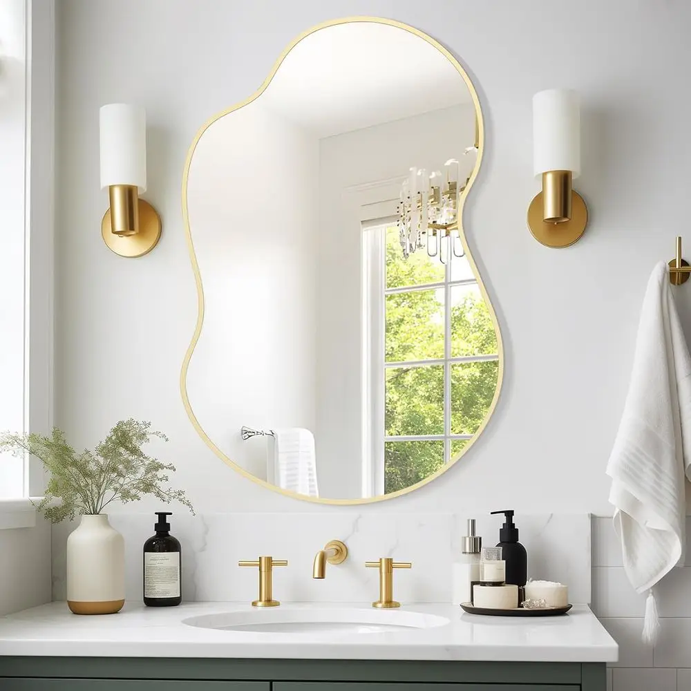 مرآة حائط غير متماثلة بإطار ذهبي معاصر، 36 × 24 لديكور المنزل