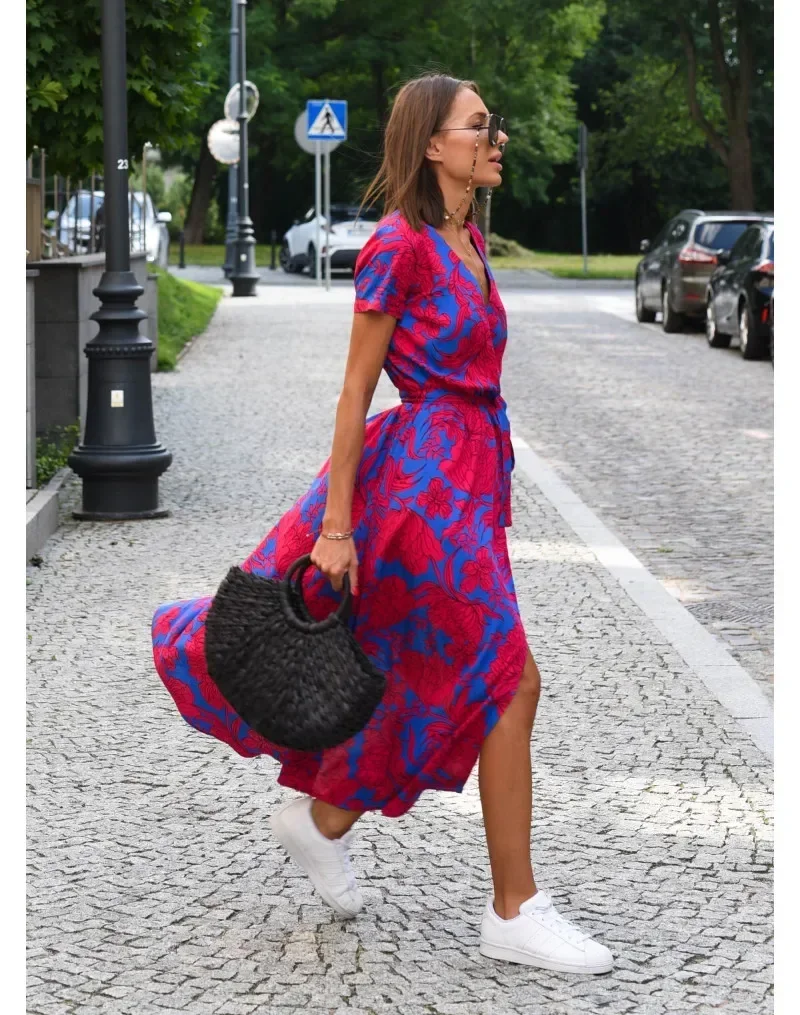Summer Women\'s New V-Neck  Floral Printed Mid-Length Dress Split Vacation Style Fashion Long Dresses