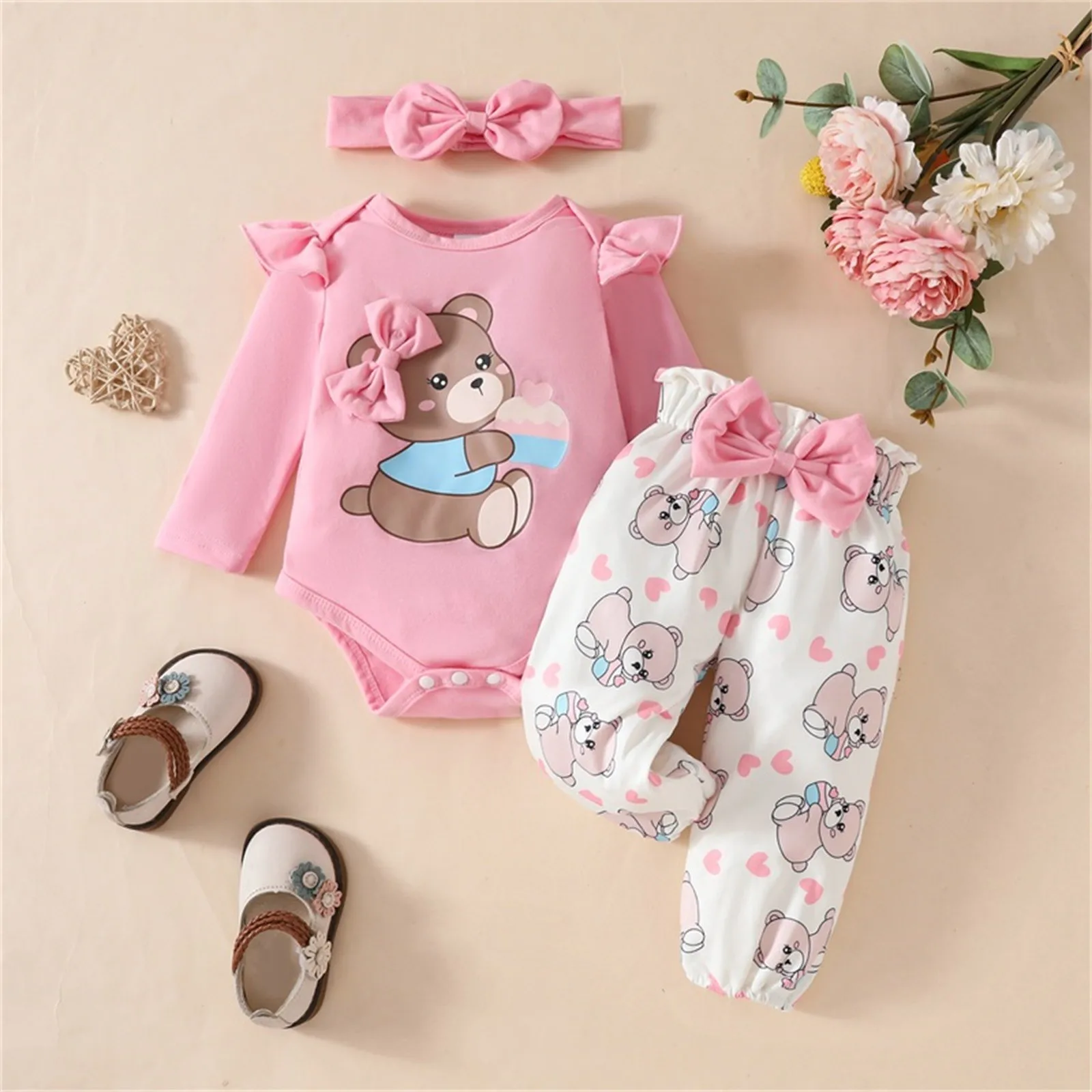 

Baby Gift Girls Toddler Girl'S Outfits Long Sleeved Alphabet Print Crawling Pantsuit Includes Headband For Matching Outfit