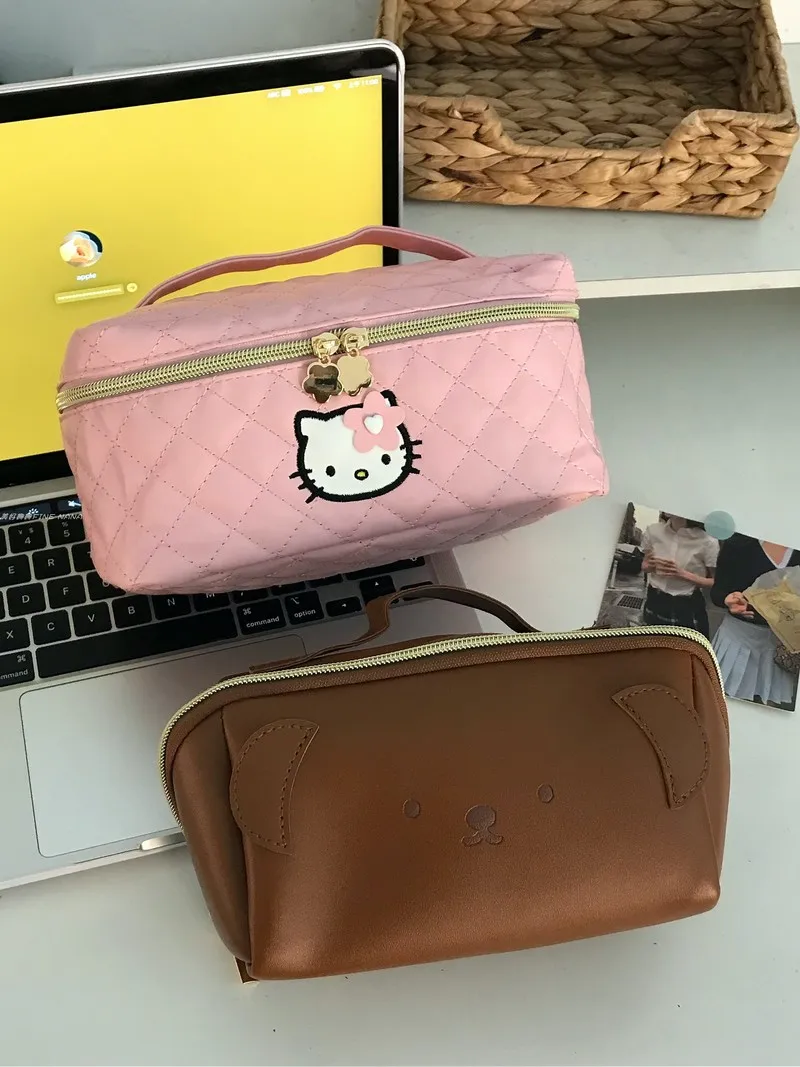 

Japanese Style Cartoon Cute Pu Handbag Makeup Bag - Pink Soft Plush Checkered Large Capacity Multifunctional Travel Storage Bag