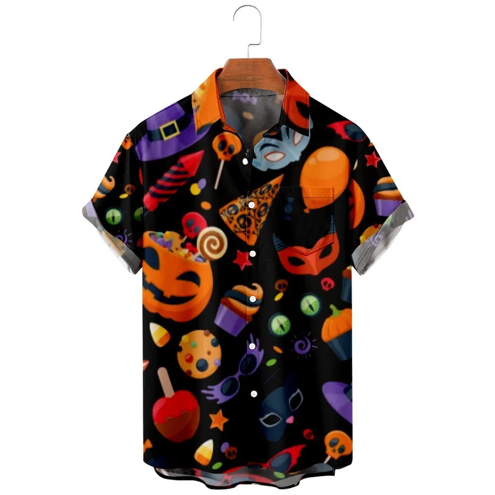 2024 Cat Shirts Men\'s Women\'s Hawaiian Shirts Halloween Vocation Blouses Spooky Beach Shirt Camisas Men\'s Clothing Skull