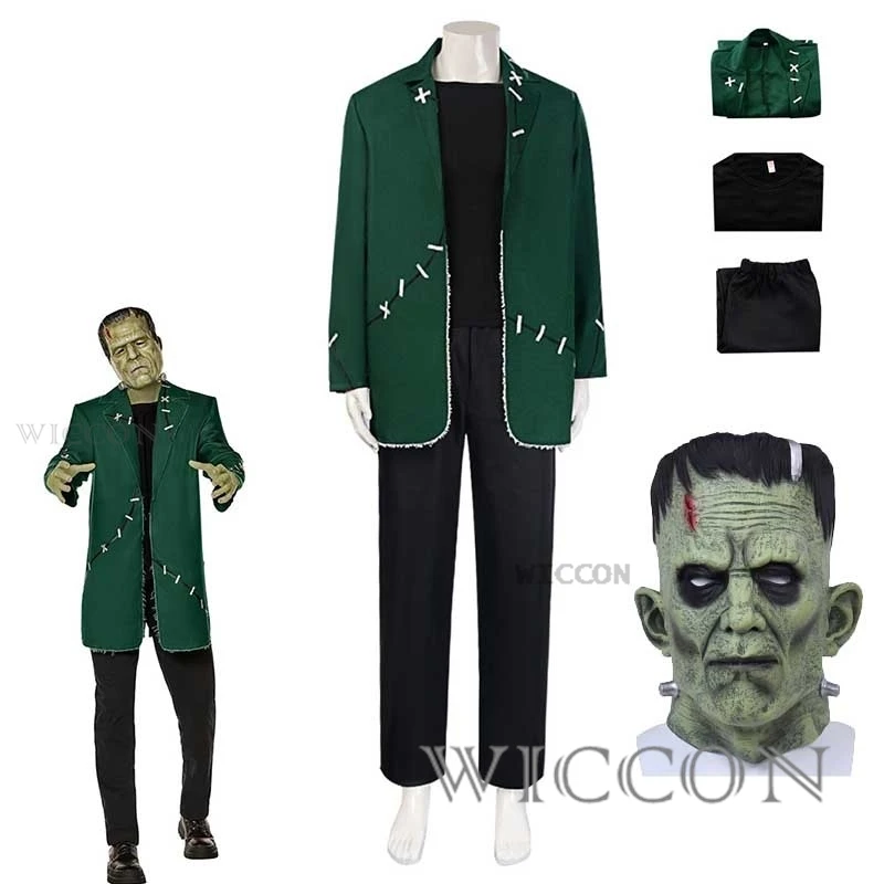 Dr. Frank Frankenstain Cosplay para homens, fantasia monstro, máscara, terno verde científico louco, festa de Halloween filme, roupa masculina assustadora