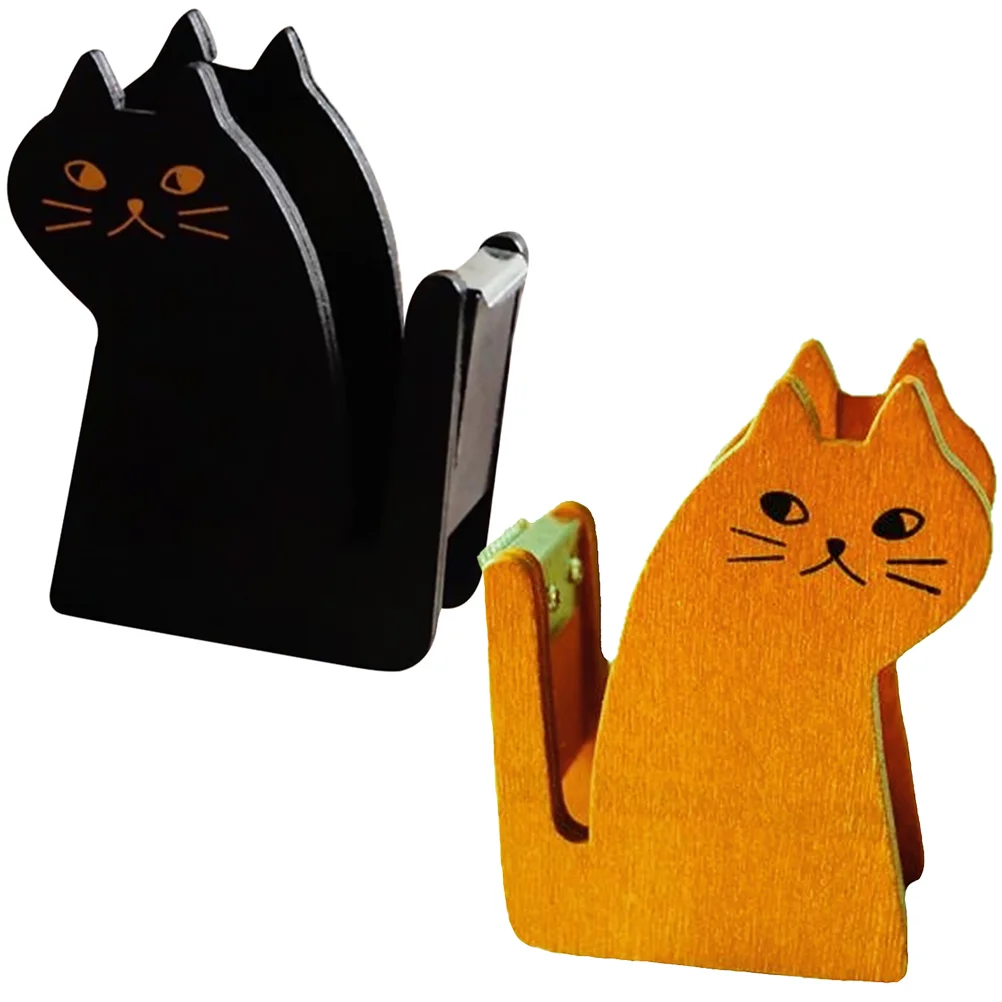 2 Pcs Cat Tape Holder Modern Dispenser Office Household Practical Adorable Wood Wooden Shaped Convenient Cat-shaped