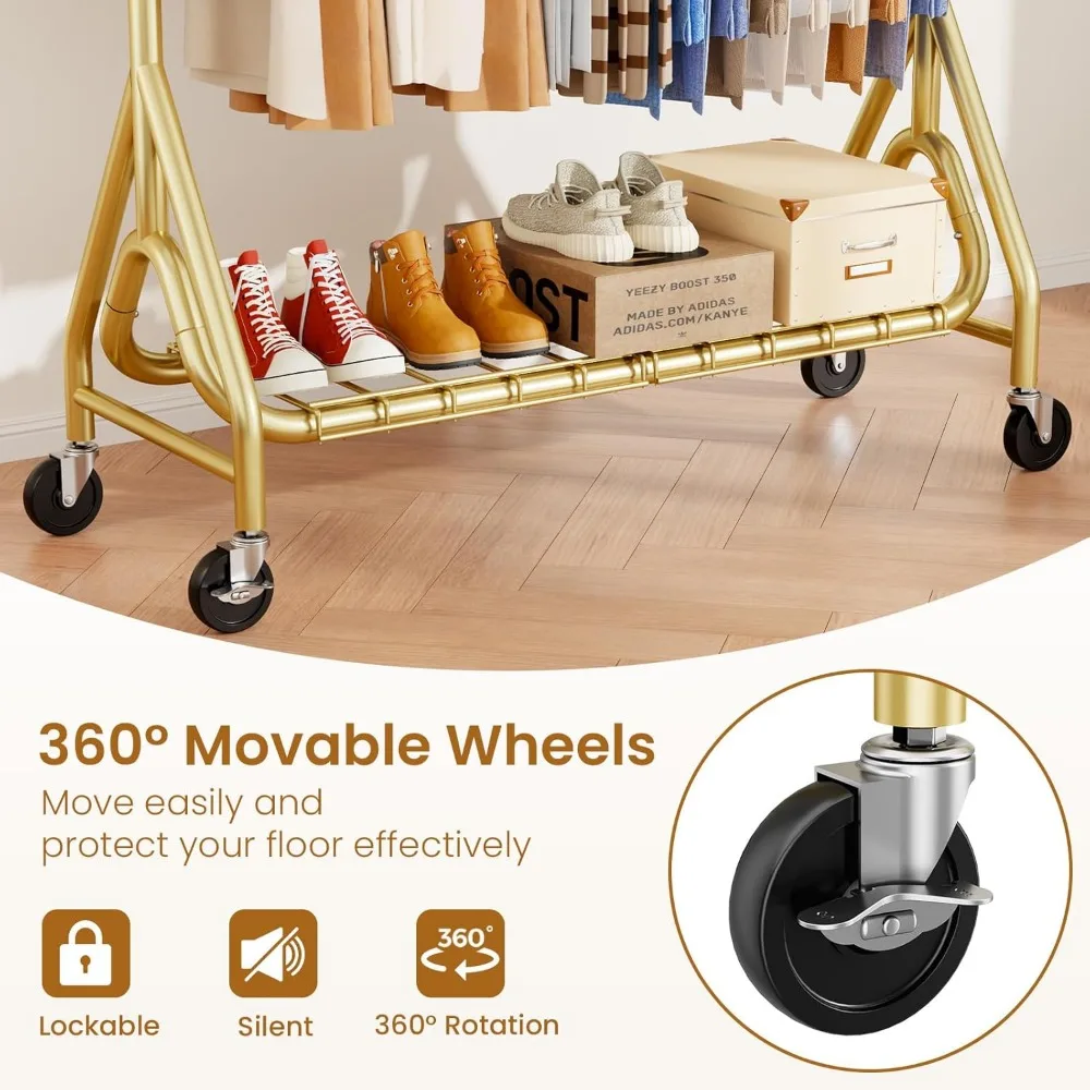 Double Rod Heavy Duty Rolling Metal Garment Rack with Lockable Wheels for Hanging Clothes, Durable Storage Solution