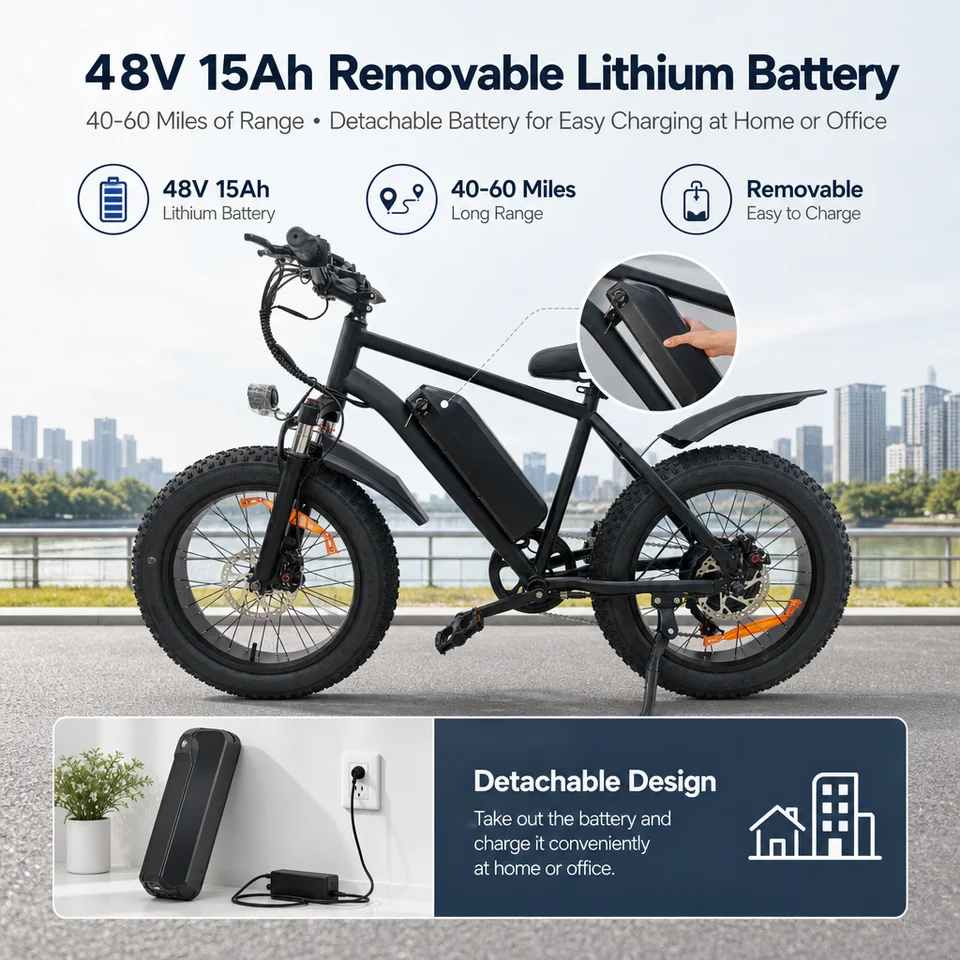1000W Peak Fat Tire Electric Bike 48V 15Ah Removable Battery 20*4.0" All‑Terrain E‑Bike Dual Suspension LCD Display Adult Mountain Electric Bicycle image 3