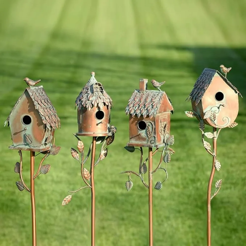 Copper Color Bird House Garden Stake with Ornate Style Roof (Set of All 4 (1 of Each))