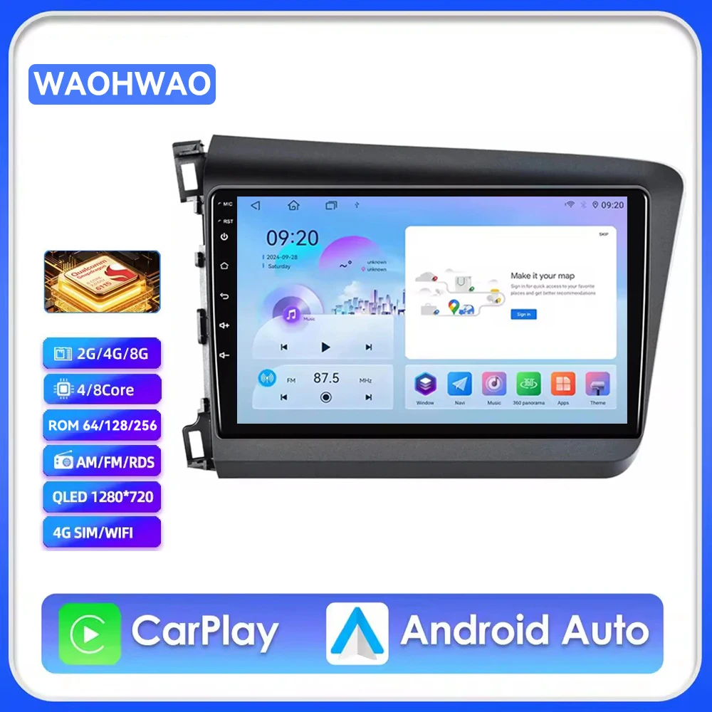 

9" Android 15 Carplay Auto for Honda Civic 2012 2013 2014 2015 Car Radio Multimedia video Player 2din Stereo GPS DVD Head Unit