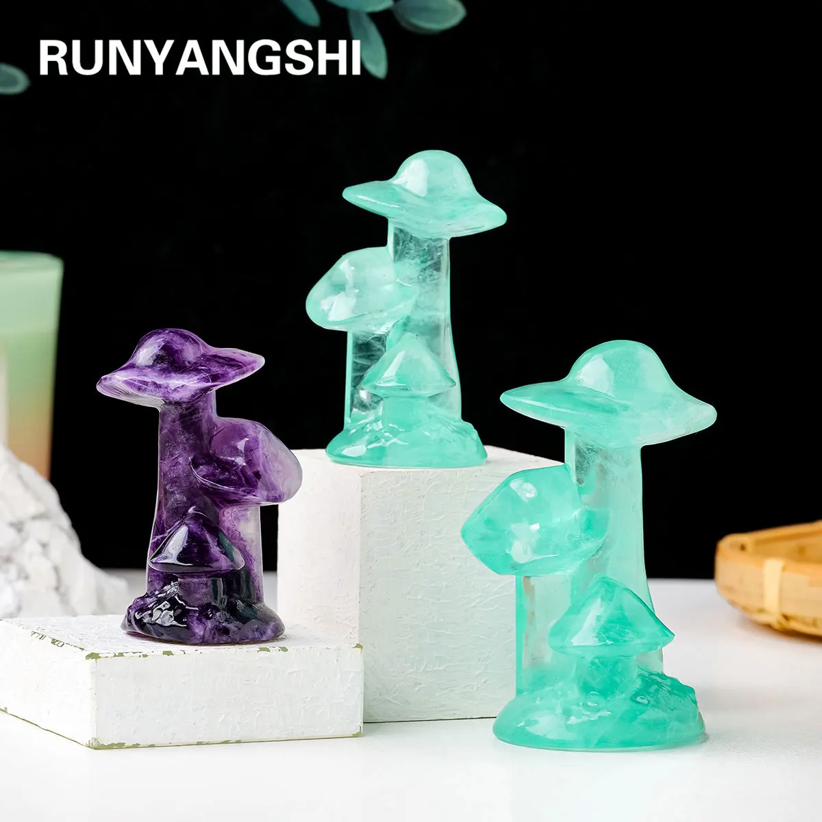 1pc Natural Green Fluorite Mushroom Ornament Purple Fluorite Plant Handicraft Energy Crystal Gift Bedroom Decoration