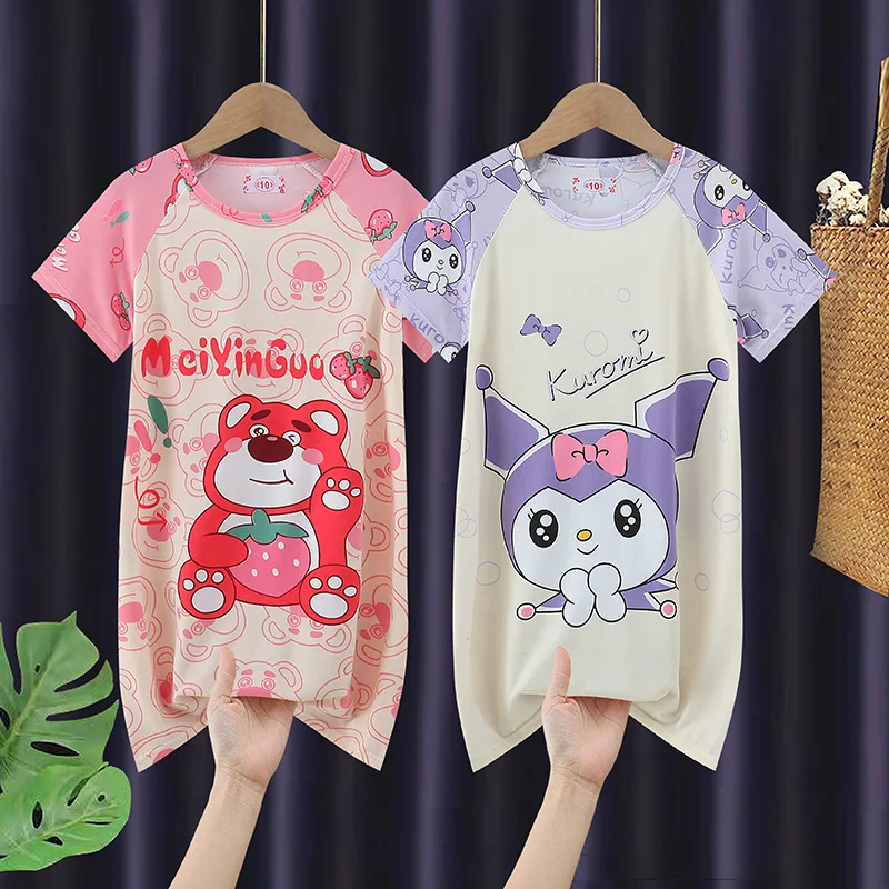 Kawaii Hello Kittys Dress Girls Nightgown Cartoon Anime Pajamas Summer Child ShortSleeves Sleepwear Dress Homewear Baby Clothing