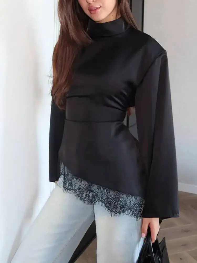 ONEXWEN Luxury Black Satin Blouse Women Elegant High Neck Lace Patchwork Top Flare Long Sleeve Silk-like Shirt 2026 ZM5274