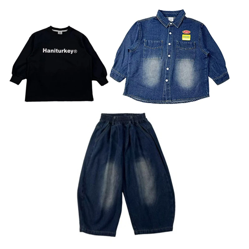 Kinder Hip Hop Kleidung Jungen Baggy Denim Mantel Hosen Street Wear Lange Ärmel Pause Poppin Dance Performance Outfit Rave BL14238