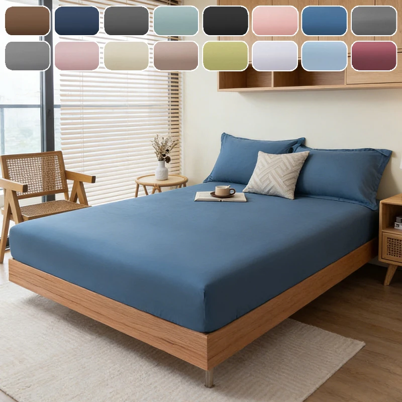 

Solid Fitted Sheet with Elastic Bands All Sizes Non Slip Soft Breathable Mattress Cover for King Queen Single Double Bedding
