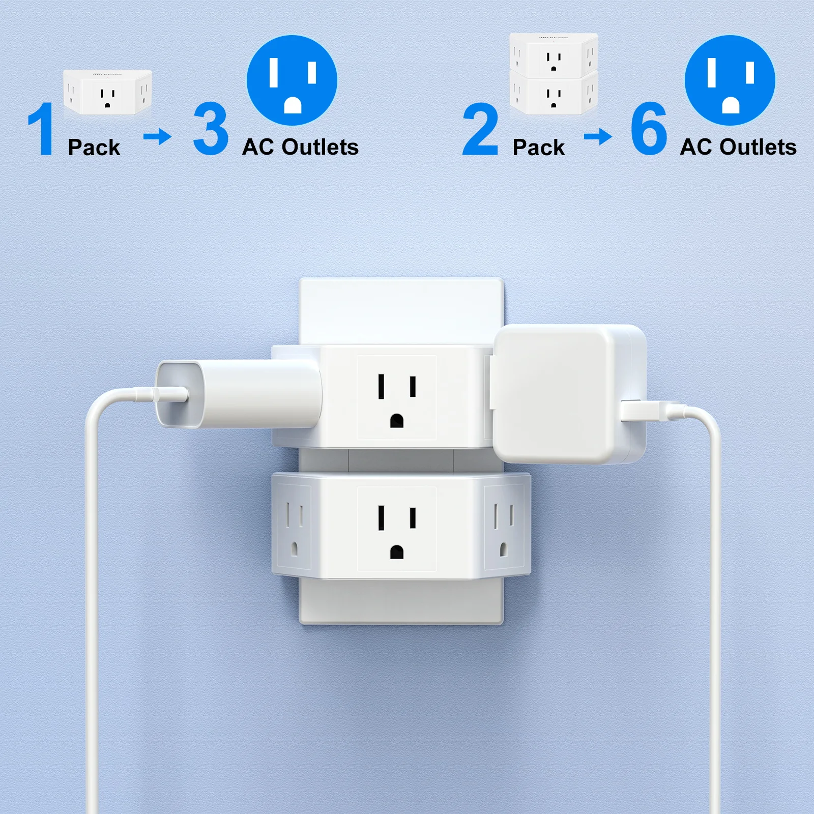 2pcs Multi Plug Outlet Extender US Plug Adapter, Wall Socket Multiple 3 AC Electric Outlet Power Strip for Travel Home