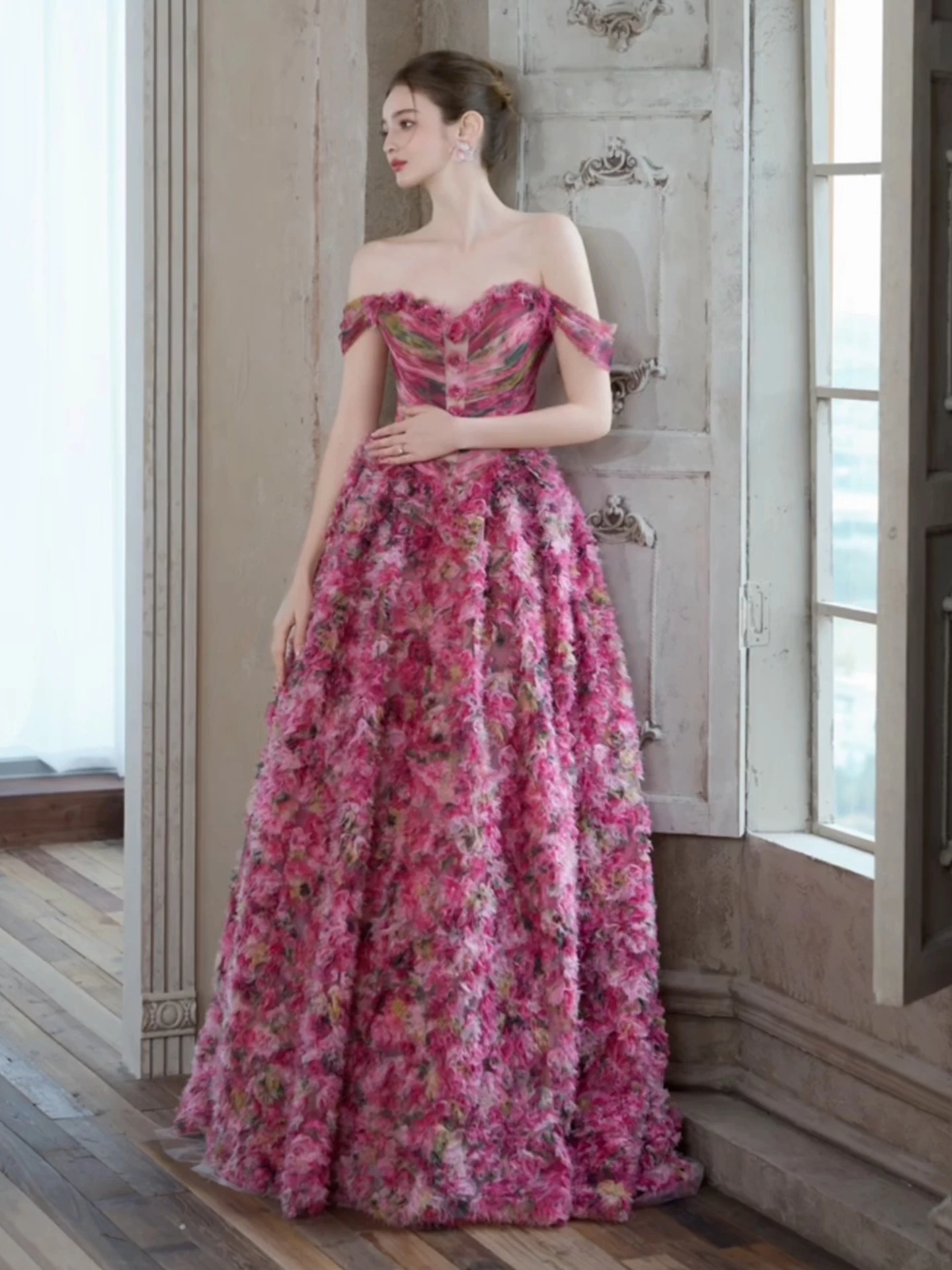 Vestido de noche elegante con hombros descubiertos, con cordones en la espalda, tren de barrido, vestidos de fiesta