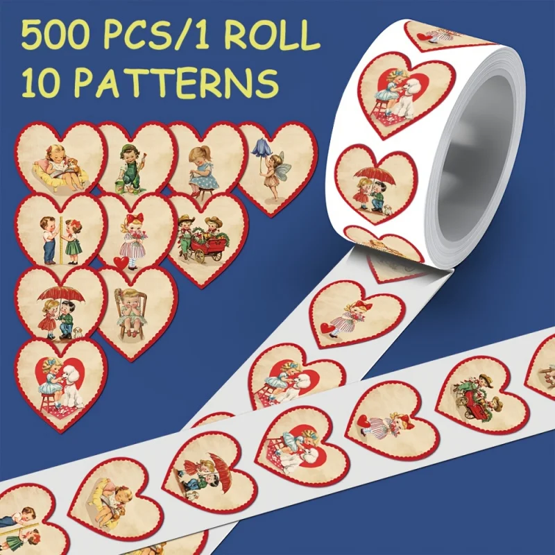 

1roll/500pcs heart shaped vintage American sticker roll for New Year gift party decors Back to school laptop cellphone case