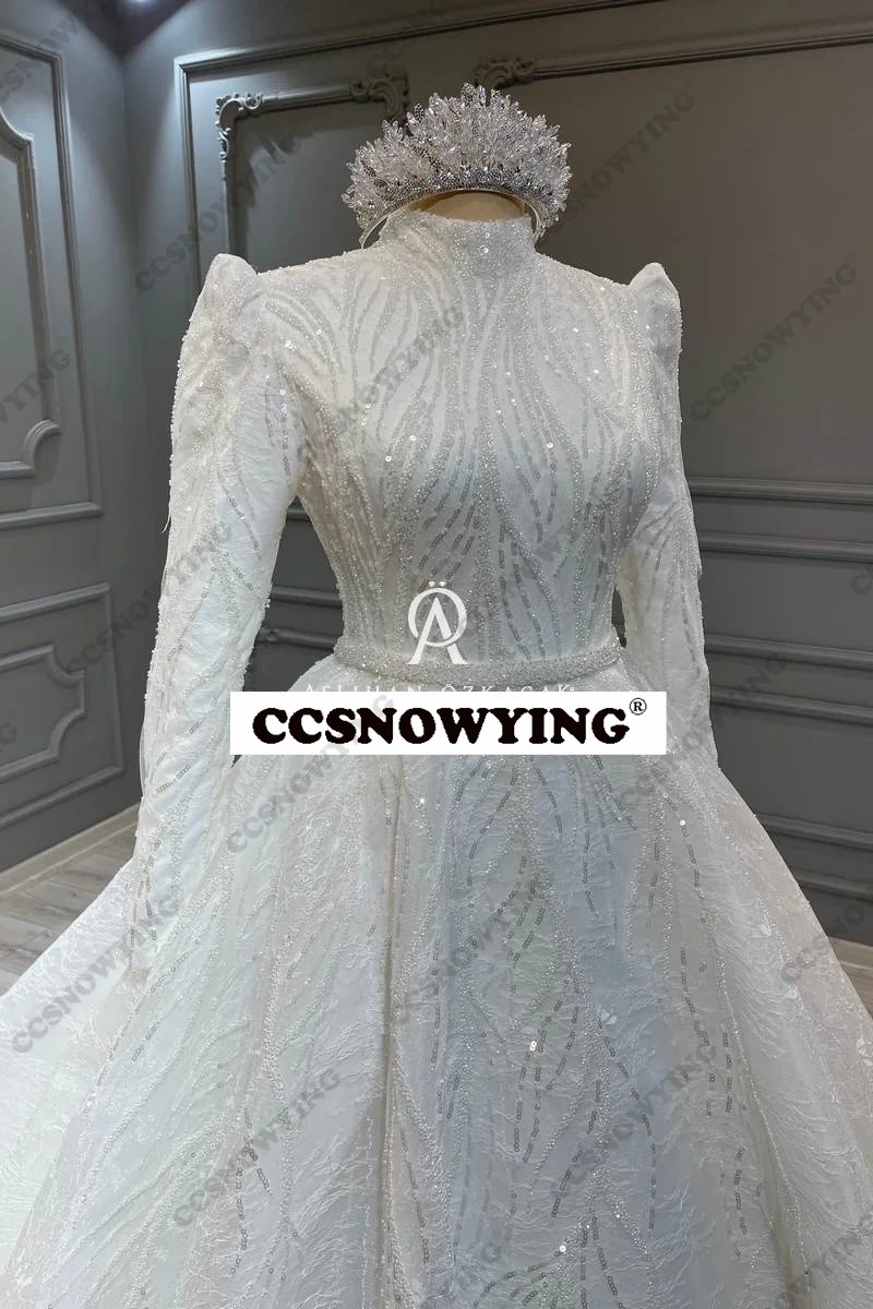 Vestido de casamento muçulmano de renda luxuoso para mulheres, manga comprida, vestidos de noiva islâmicos, gola alta, hijab árabe