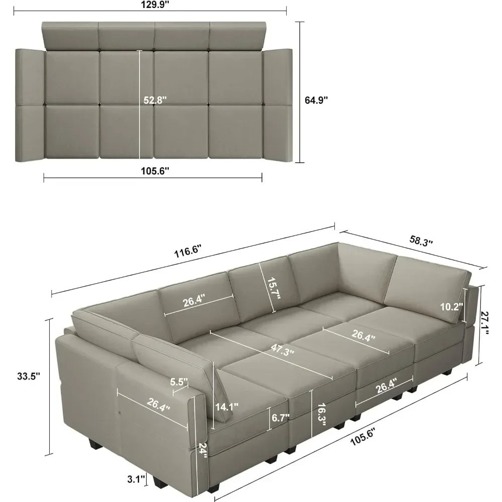 Sofa Sectional, with Storage Chaises Sectional Sleeper Sofa Couch 8 Seat Sectional Sofa Bed, Living Room Couch