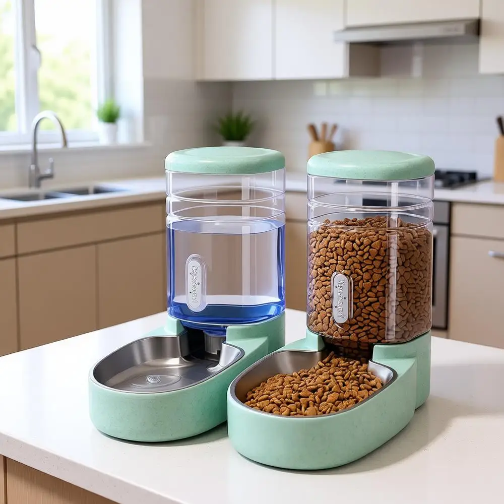 

Automatic Cat Feeder and Water Dispenser with Stainless Steel Bowl, Gravity Food Feeder and Waterer Set for Small Medium Dog Pup