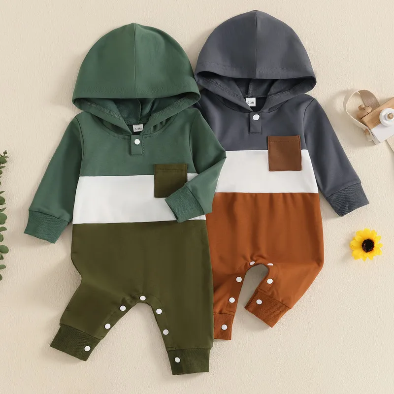 

RUEWEY 0 to 18 Months Baby Boy Romper Spring Autumn Clothes Contrast Color Long Sleeve Hood Full Length Pocket Jumpsuit