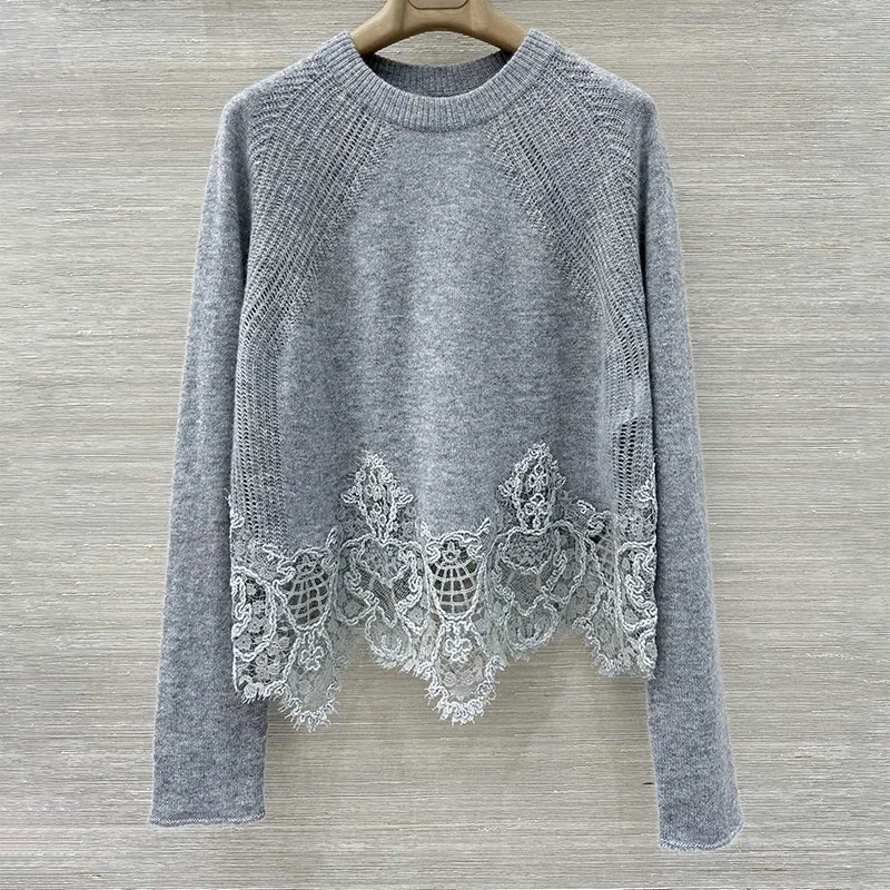 

Высококачественный женский свитер с кружевной отделкой изысканный и элегантный пуловер тонкой вязки на осень 25919101