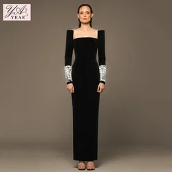 2024 New Women's Black Sexy Square Neck Long Sleeve Diamond Tight Long Bandage Elegant Celebrity Party Evening Dress