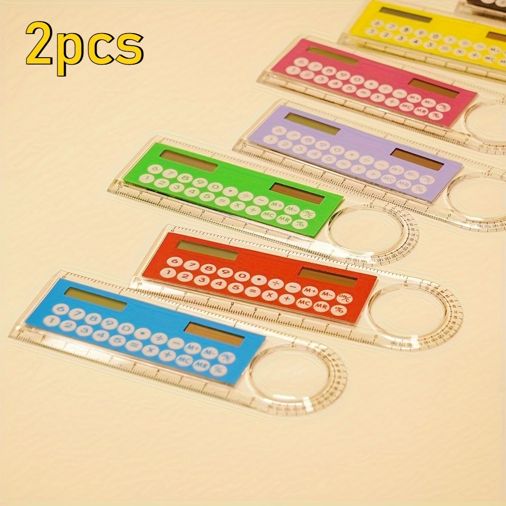 2pcs Mini ultra-thin ruler with solar calculator magnifying glass multi-function calculator school office supplies