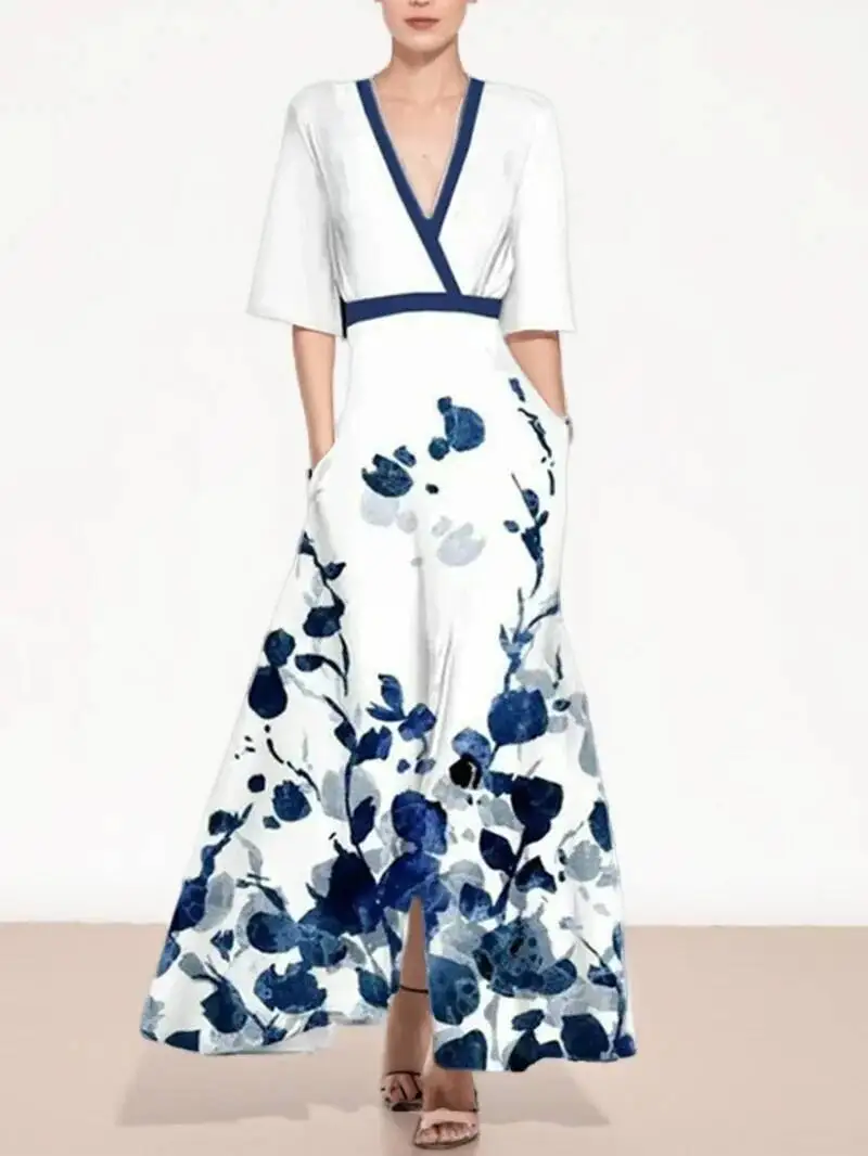夏の女性のファッション V ネックベルト付きパーティーロングドレスセクシーな印刷自由奔放に生きるマキシドレス半袖ポケット Femlae ホリデー RXJ8