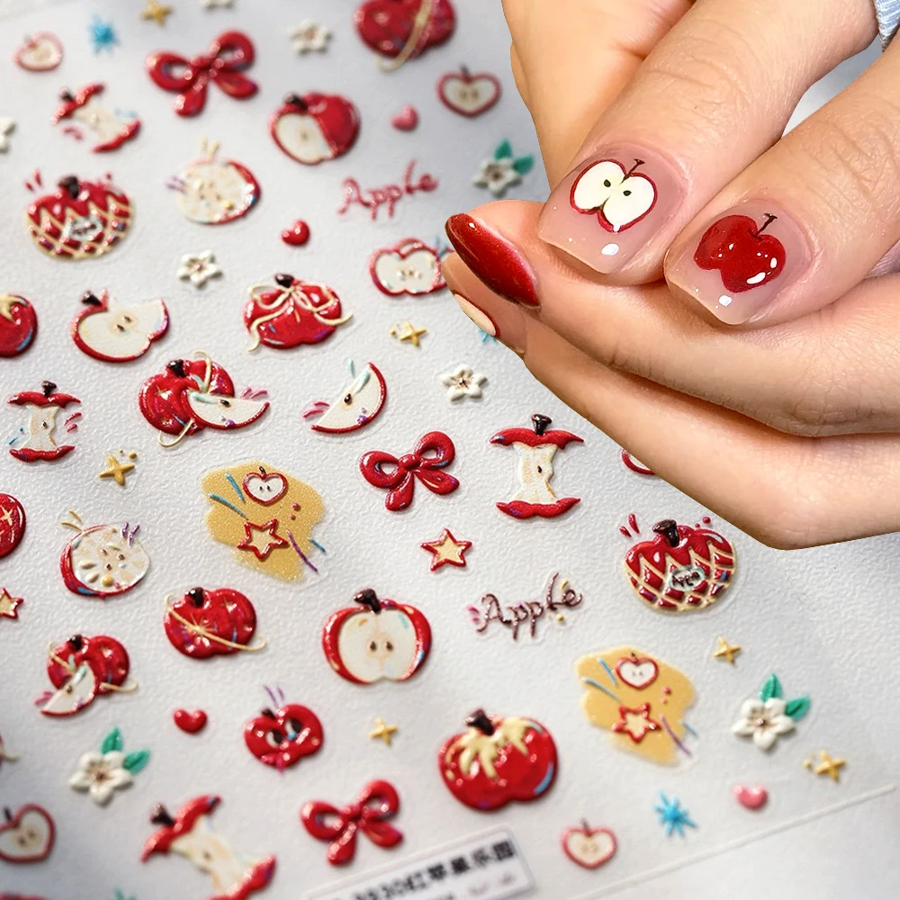 1 Hoja de Pegatinas para Uñas con Diseño de Manzana Roja en Relieve, Rebanadas de Manzana/Corazoncillo de Manzana, Calcomanías Lindas de Frutas para Uñas, Corazón, Estrella, Manicura Kawaii