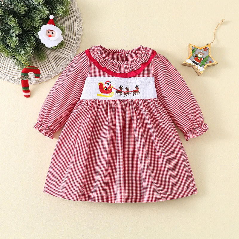 

‌2025 Autumn Girls' Christmas Dress Red Plaid Long Sleeve Princess Dress with Embroidery Holiday Party Outfit Gift for Girls