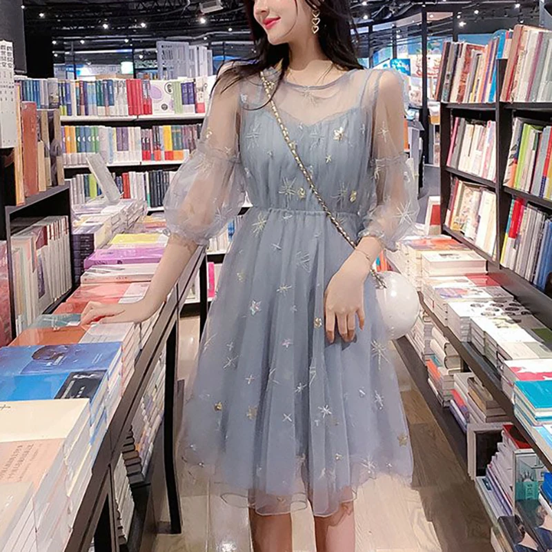 

Sweet O-Neck Gauze Sequined Embroidery Princess Dress Female Clothing 2024 Summer New Loose Ruffles Lantern Sleeve Party Dress