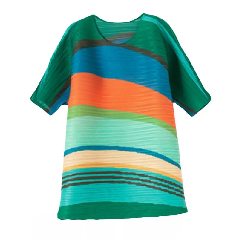 2023 Summer Popular Loose Fold Contrast Rainbow Stripe Dress Large Women's Wear cute things  LOOSE