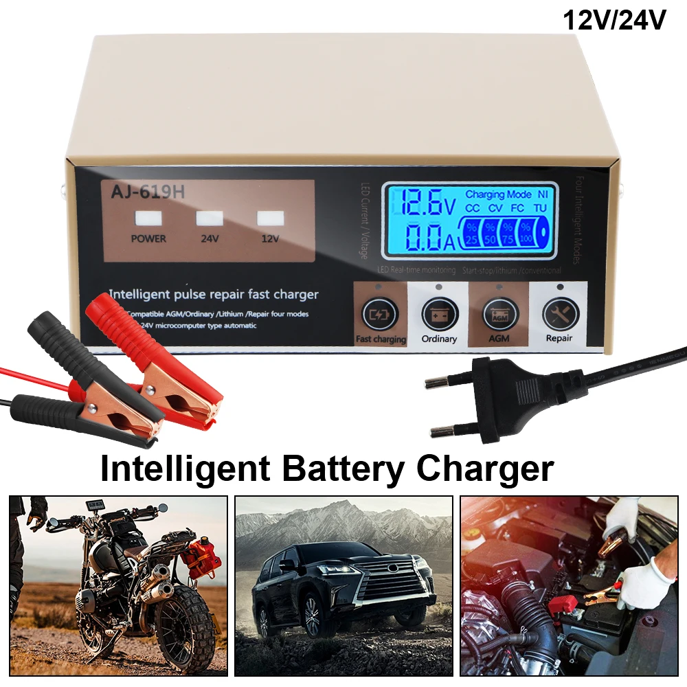 High Power 12V 24V 260W Pulse Repair Battery Charging For Motorcycle SUV Truck Intelligent Smart Car Battery Charger LED Display