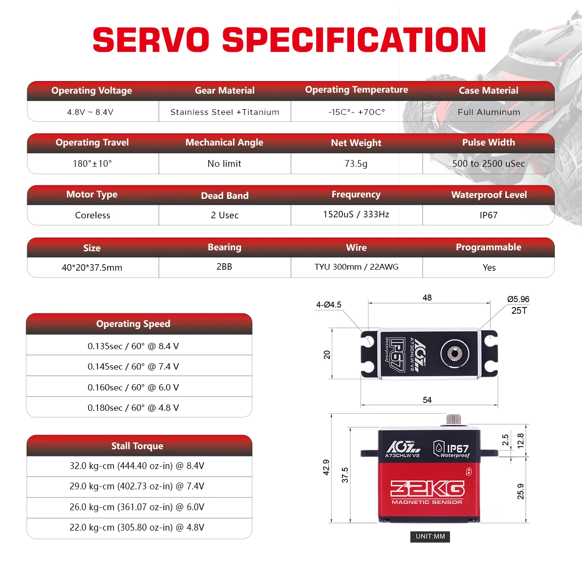 AGFRC A73CHLW V2 32KG HV Steel Gear IP67 Waterproof Programmable Coreless Digital Servo For 1/10 RC Car DIY Assembly Upgrading