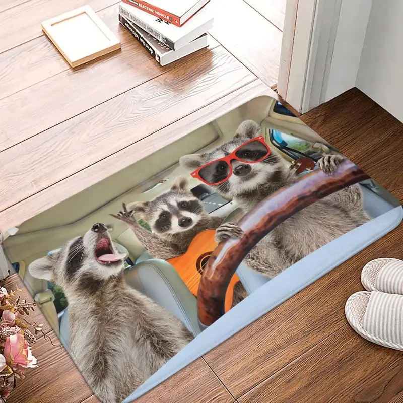 Custom Funny Raccoon Driving Front Door Mat Anti-Slip Outdoor Waterproof Doormat Floor Bath Entrance Rug Carpet