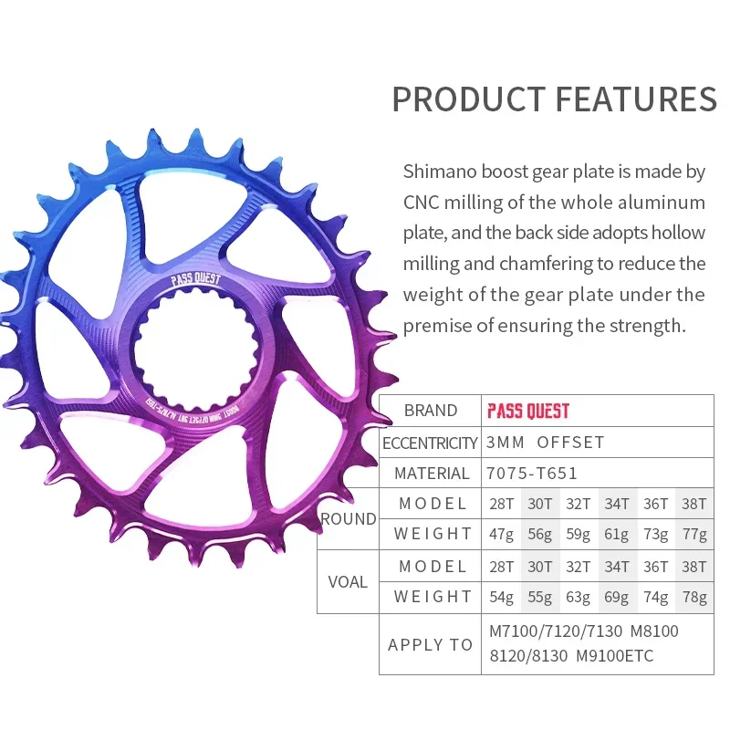 PASS QUEST 3mm Offset MTB Chainring Round/Oval Narrow Wide Teeth Chainweel for Shimano XT M7100 M7120 M7130 M8100 M8120 M9100