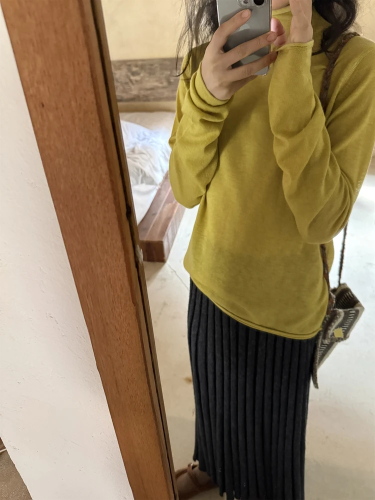 

Wild Pear Tree underneath Mustard Yellow Wool Blend Soft Loose Cuffed High Ne Knitwear Inner Wear Casual Daily Fem Top