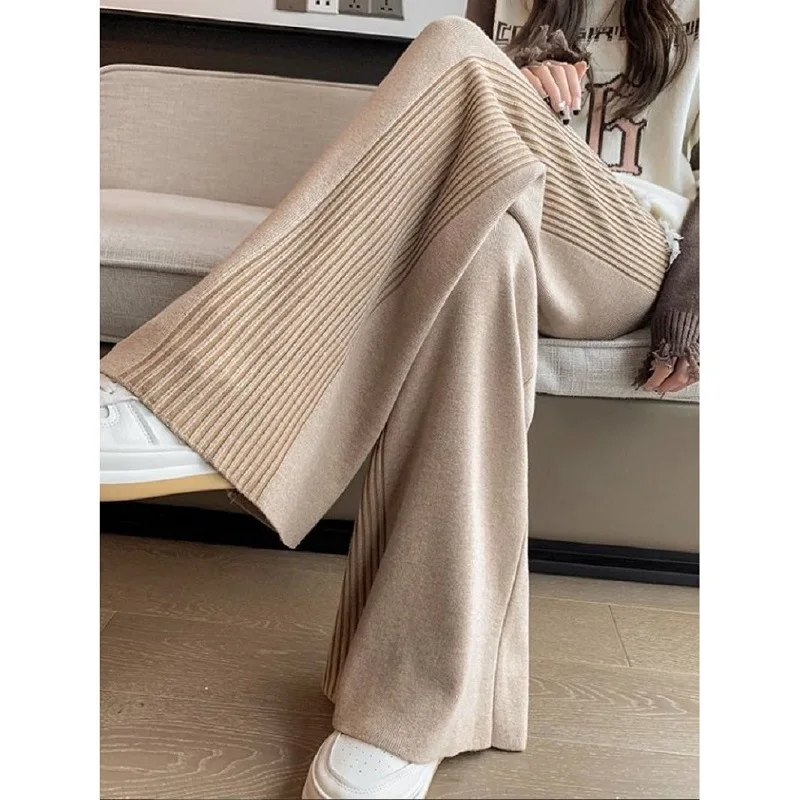 Winter Warm Knitted Wide Leg Pants Womens Casual Thick High Waist Pants Korean Fashion Loose Sweater Trousers Female New Outwear