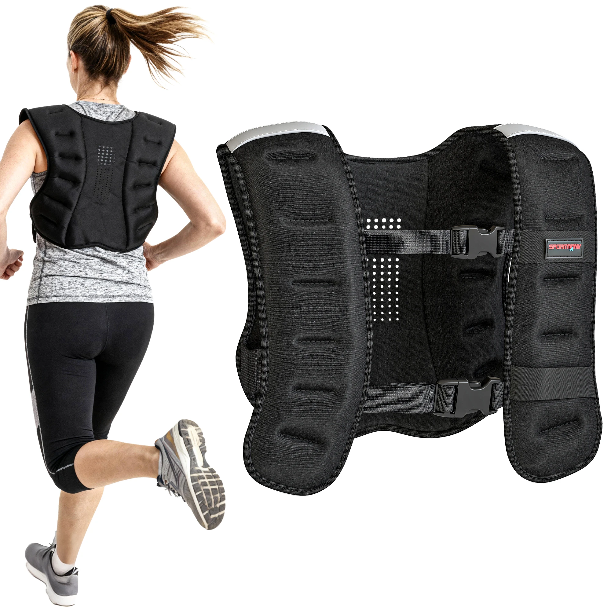 Sportnow gewogen vest 8 kg, ademend trainingsgewichtvest, met 2 verstelbare banden en reflecterende banden
