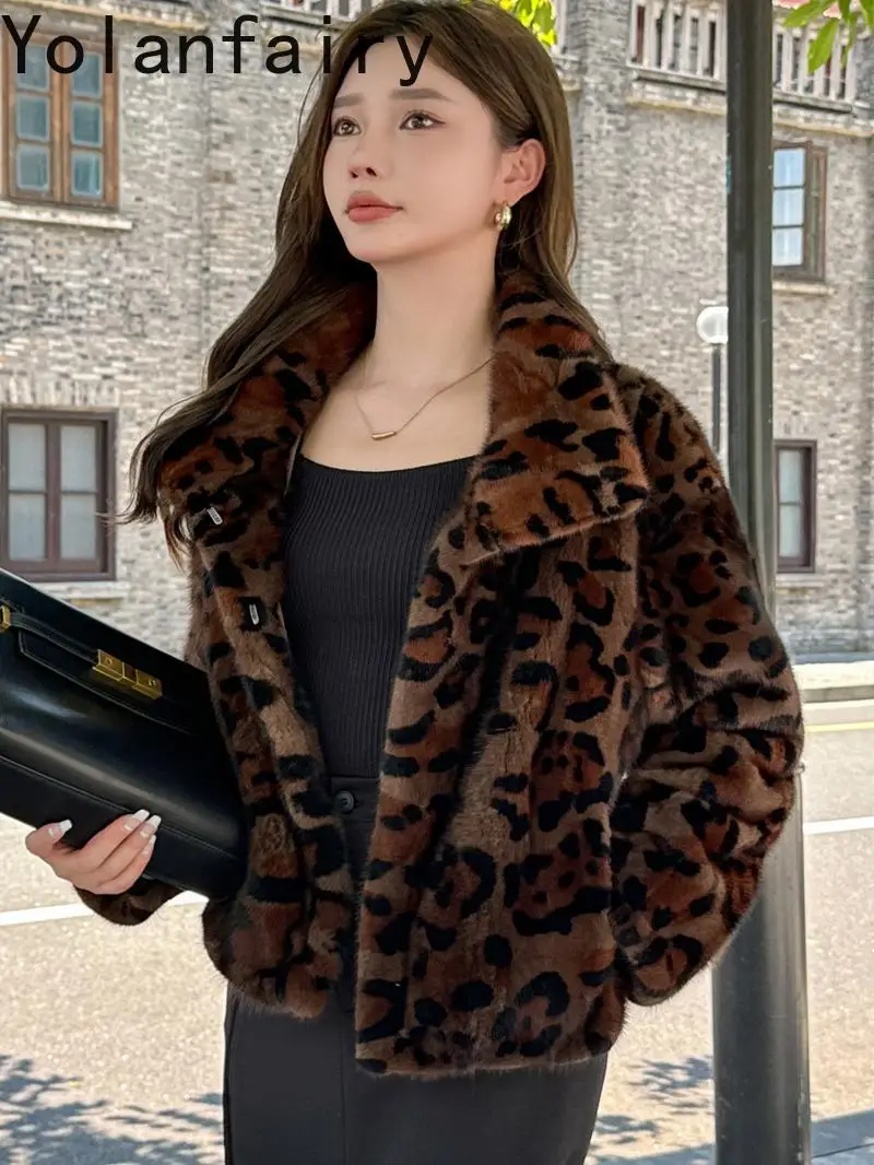YOLANFAIRY Top Quality Mink Real Fur Coat Woman Winter Short Fashion Leopard Fur Jacket Lapel Warm Fur Coats and Jackets Abrigos