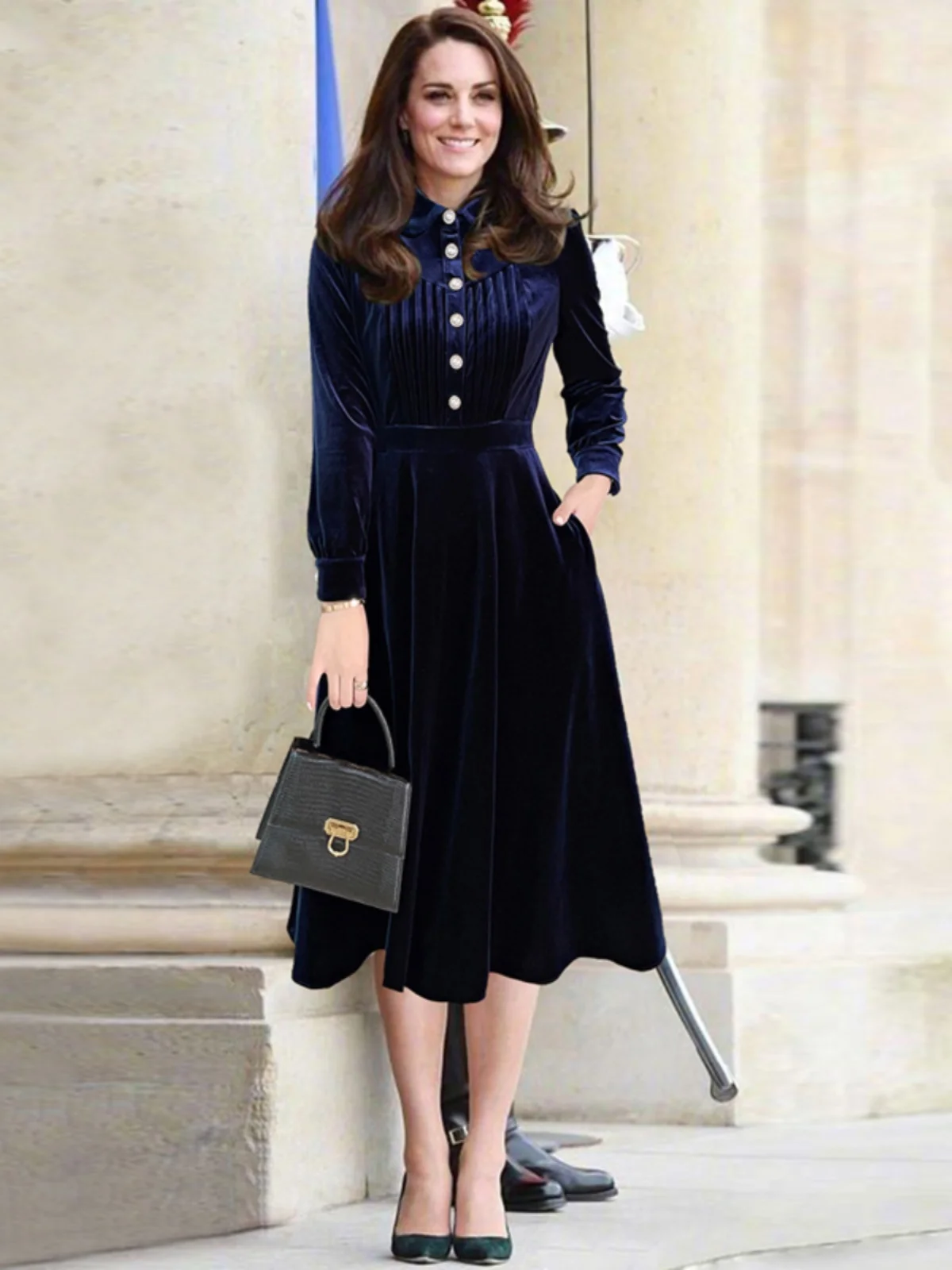 فستان طويل أنيق من المخمل بتصميم نحيف، مجموعة الربيع والخريف، مستوحى من كيت ميدلتون، أزياء كورية للسيدات